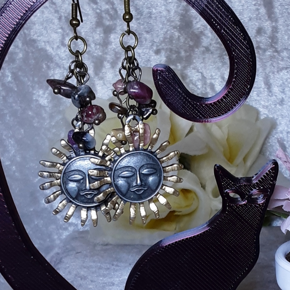 Handmade Sun And Real Stone Earrings Gold and Antique Silvertone Metals